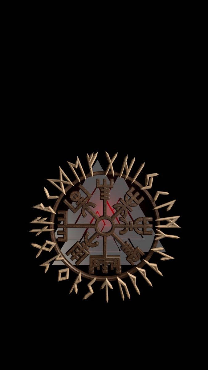 Norse 桌布 壁紙 — 一個發光的金色符印，帶有尖銳的尖刺和古代符文，在純黑背景上散發光芒。