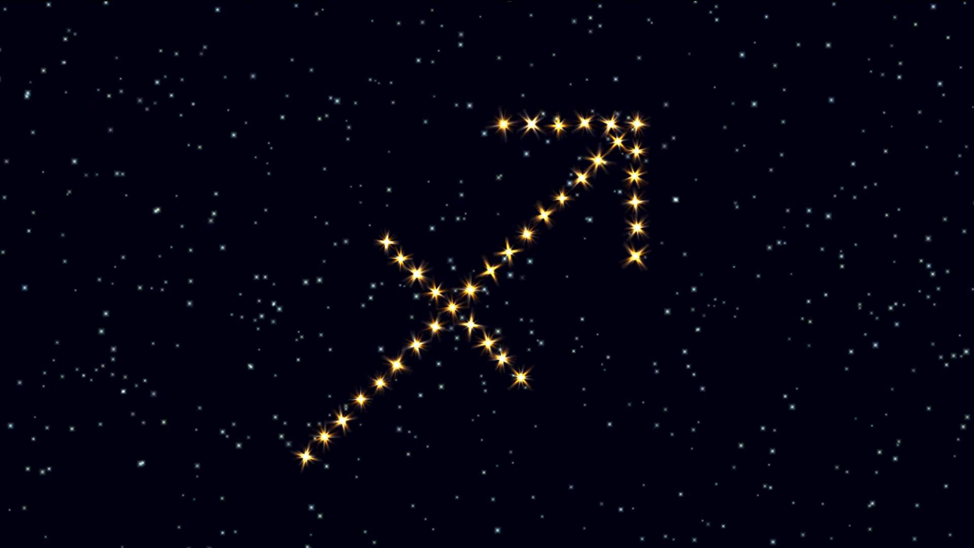sagittarius 桌布 壁紙 — 一個發光的金色箭頭星座在深邃的星空夜空中明亮閃耀。