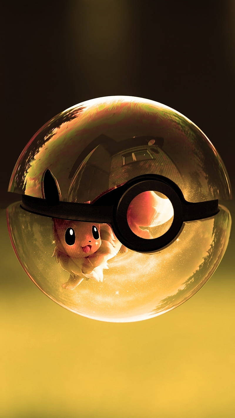 Eevee iPhone 桌布 壁紙 — 一個發光的金色精靈球內含一隻表情驚訝的伊布，在柔和光線中漂浮於溫暖漸變背景之上。