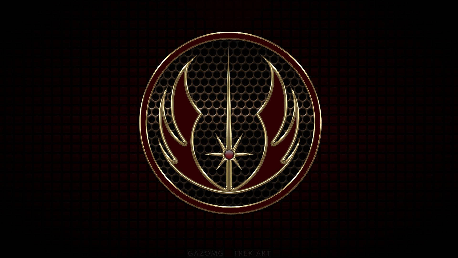Jedi 桌布 壁紙 — 一個發光的金色絕地武士團符號，中央有一顆紅色寶石，置於深紅色紋理背景上。