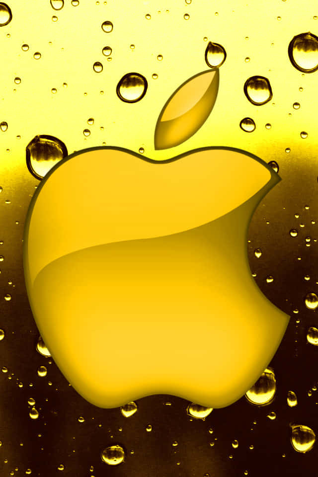 iOS 4 桌布 壁紙 — 一個發光的金色蘋果標誌，帶有咬痕，透過佈滿閃亮水滴的表面觀看。