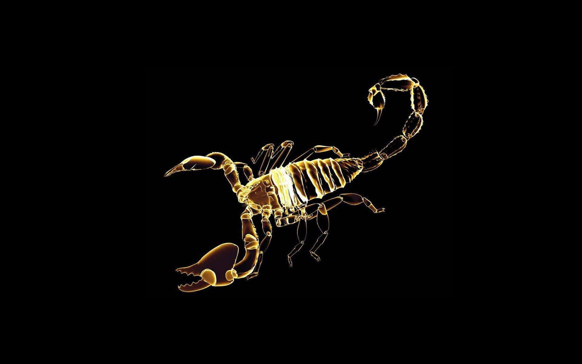Scorpio 桌布 壁紙 — 一個發光的金色蠍子骨骼，以光線勾勒在純黑色背景上。
