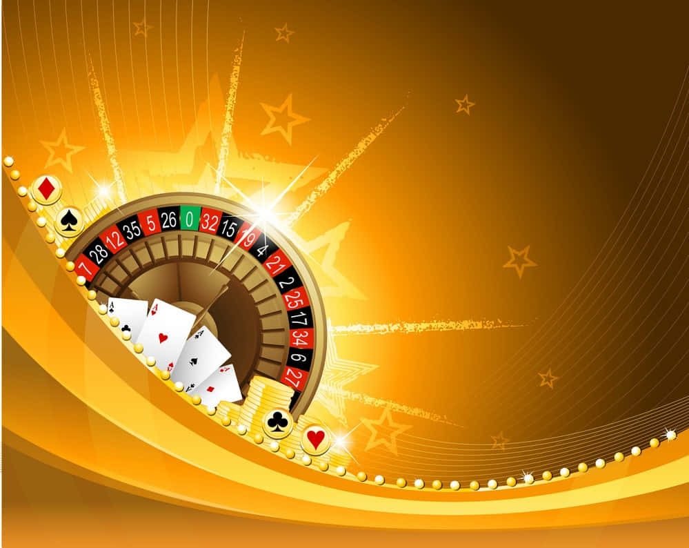 Casino 桌布 壁紙 — 一個發光的金色輪盤，被撲克牌和籌碼環繞，背景是閃爍的星空。