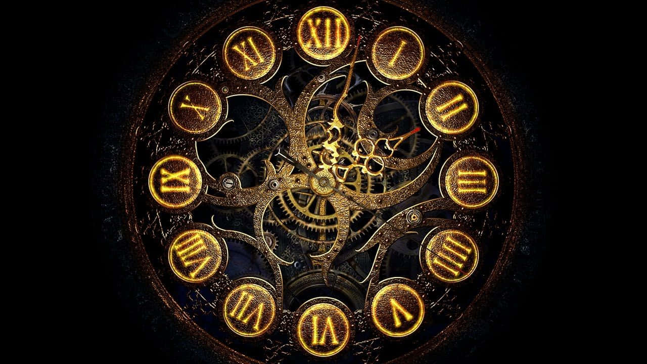 Clock 桌布 壁紙 — 一個發光的金色鐘錶裝置，帶有複雜的齒輪和羅馬數字，置於深色背景上。