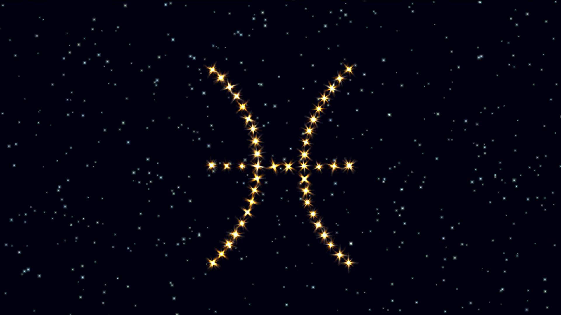 雙魚座 桌布 壁紙 — 一個發光的金色雙魚座星座，由明亮的星星組成，背景是深藍色的夜空，點綴著閃爍的星星。