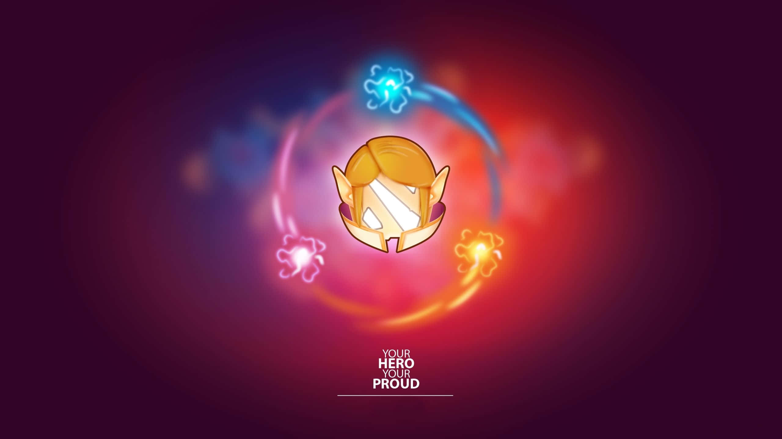Dota 2 Invoker 桌布 壁紙 — 一個發光的金色頭盔，被旋轉的能量軌跡和漂浮的魔法符號包圍，背景為深色漸變。