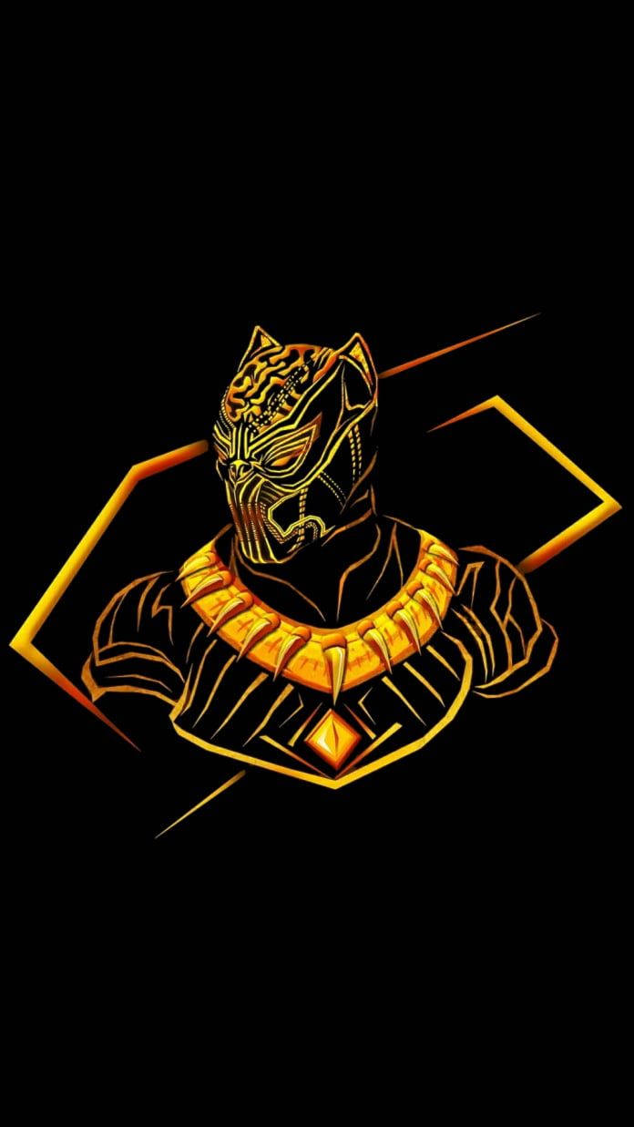 殺人魔哥 桌布 壁紙 — 一個發光的金色黑豹半身像，以銳利的線條勾勒在帶有幾何裝飾的純黑背景上。