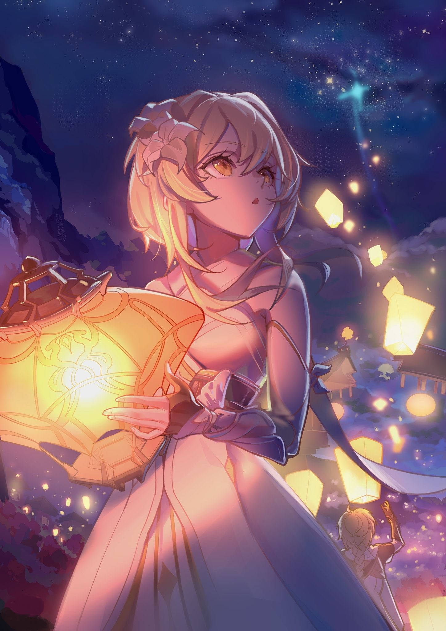 Genshin 桌布 壁紙 — 一個發光的金髮動漫女孩在繁星點點的夜空下拿著燈籠，周圍有漂浮的光芒。