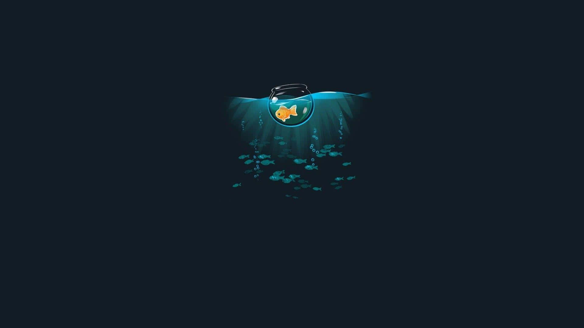 Minimalist Ocean 桌布 壁紙 — 一個發光的金魚缸漂浮在水底，氣泡上升，一條金魚在深藍色背景下在裏面游動。