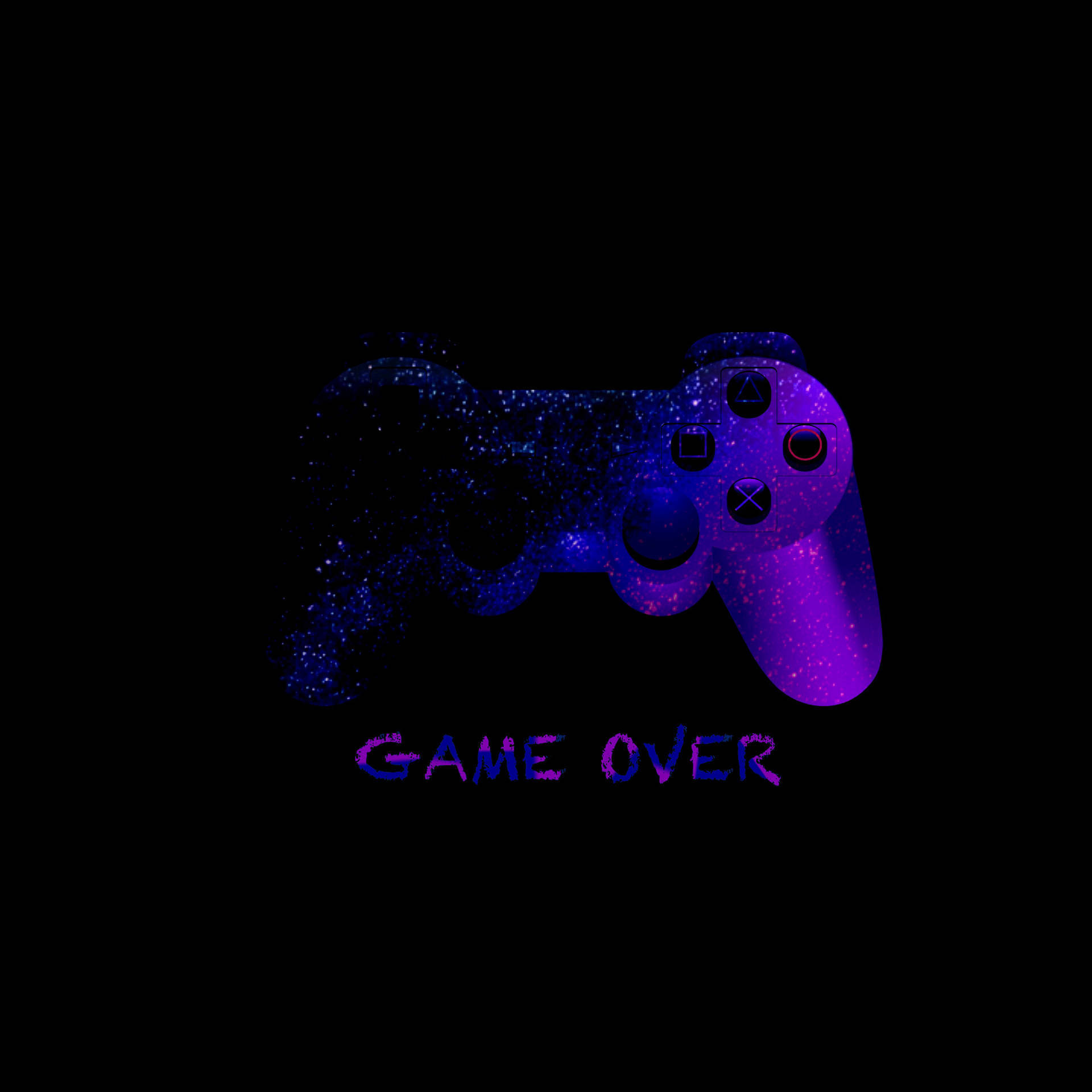 Purple Gaming 桌布 壁紙 — 一個發光的銀河主題遊戲控制器，帶有 'GAME OVER' 文字，背景為黑色。