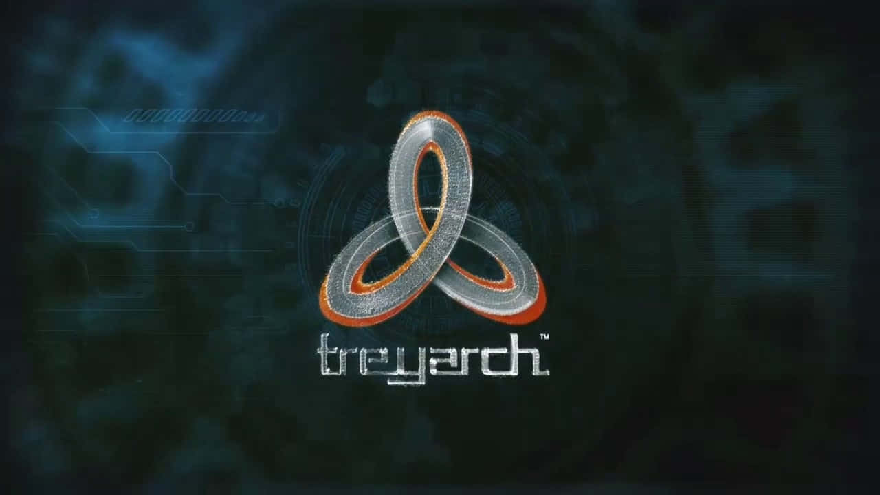 Treyarch 桌布 壁紙 — 一個發光的銀色和橙色 Treyarch 標誌漂浮在帶有電路圖案的深藍色數位背景上。