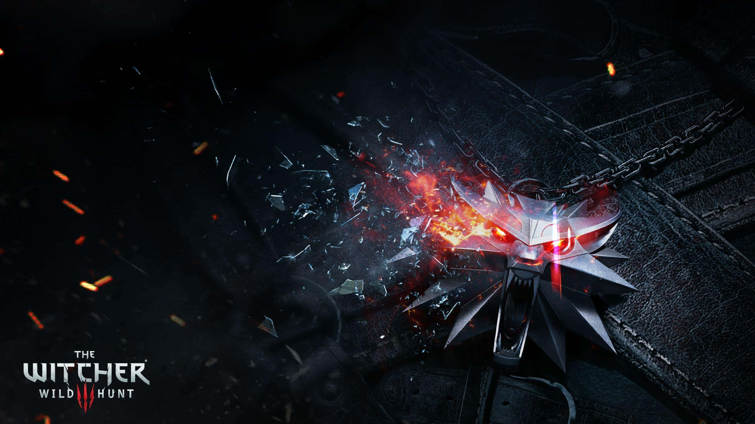 The Witcher 3 Wild Hunt 桌布 壁紙 — 一個發光的銀色巫師標誌穿破深色皮革，火花四濺，戲劇性的特寫。