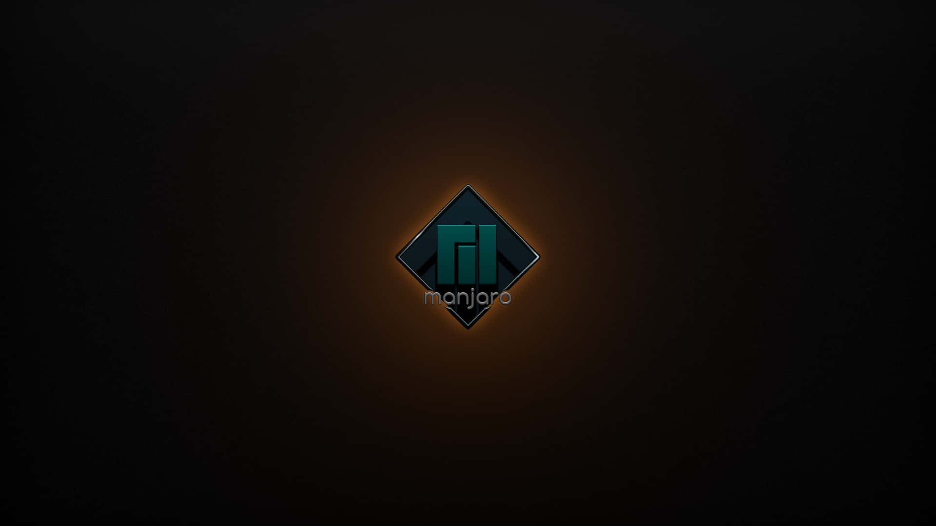 Manjaro 桌布 壁紙 — 一個發光的鑽石形 Manjaro 標誌，位於深色背景中央，帶有向外散發的溫暖放射光。