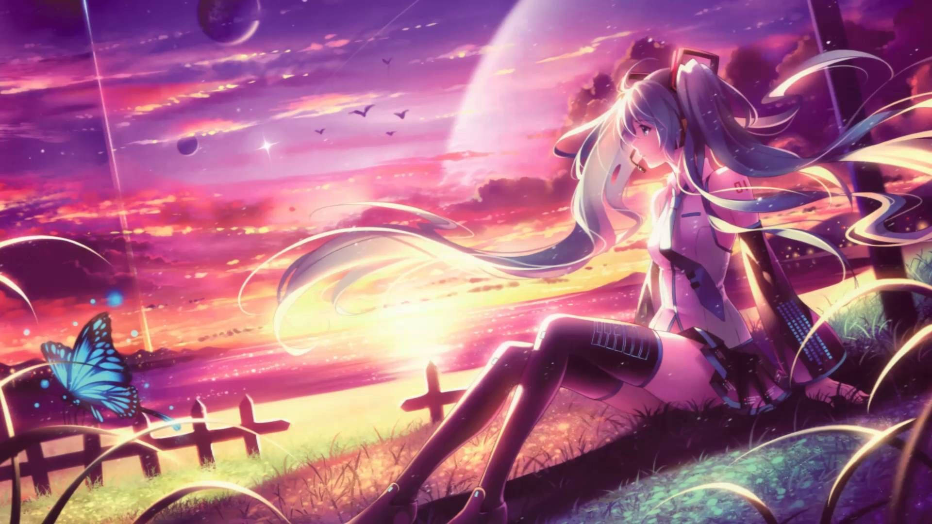 長發動漫女孩坐在夕陽下的草地上，有蝴蝶和漂浮的行星在天空中。 — 動漫繪圖 GIF 壁紙