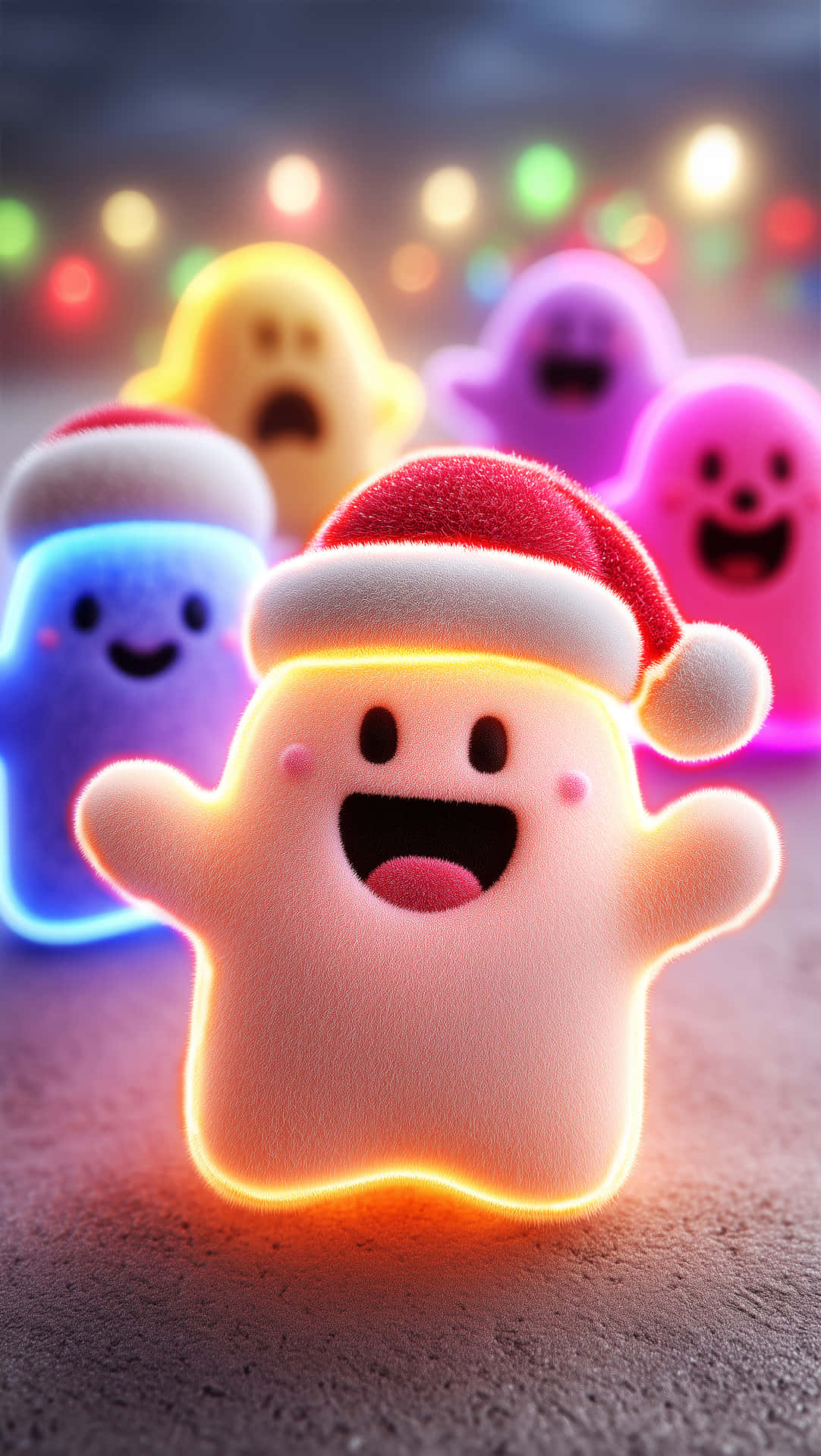 Christmas Wallpapers 壁紙 — 一個發光的開心鬼魂戴著紅色聖誕帽，在彩色模糊燈光背景下燦爛微笑。