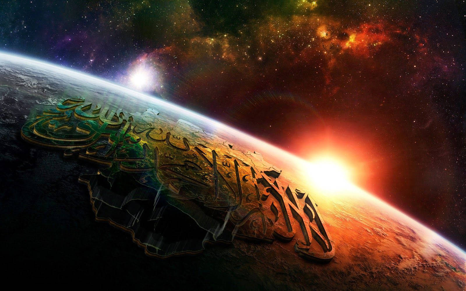 伊斯蘭 桌布 壁紙 — 一個發光的阿拉伯書法雕塑漂浮在行星彎曲的地平線之上，背景是充滿活力的宇宙星雲日落。