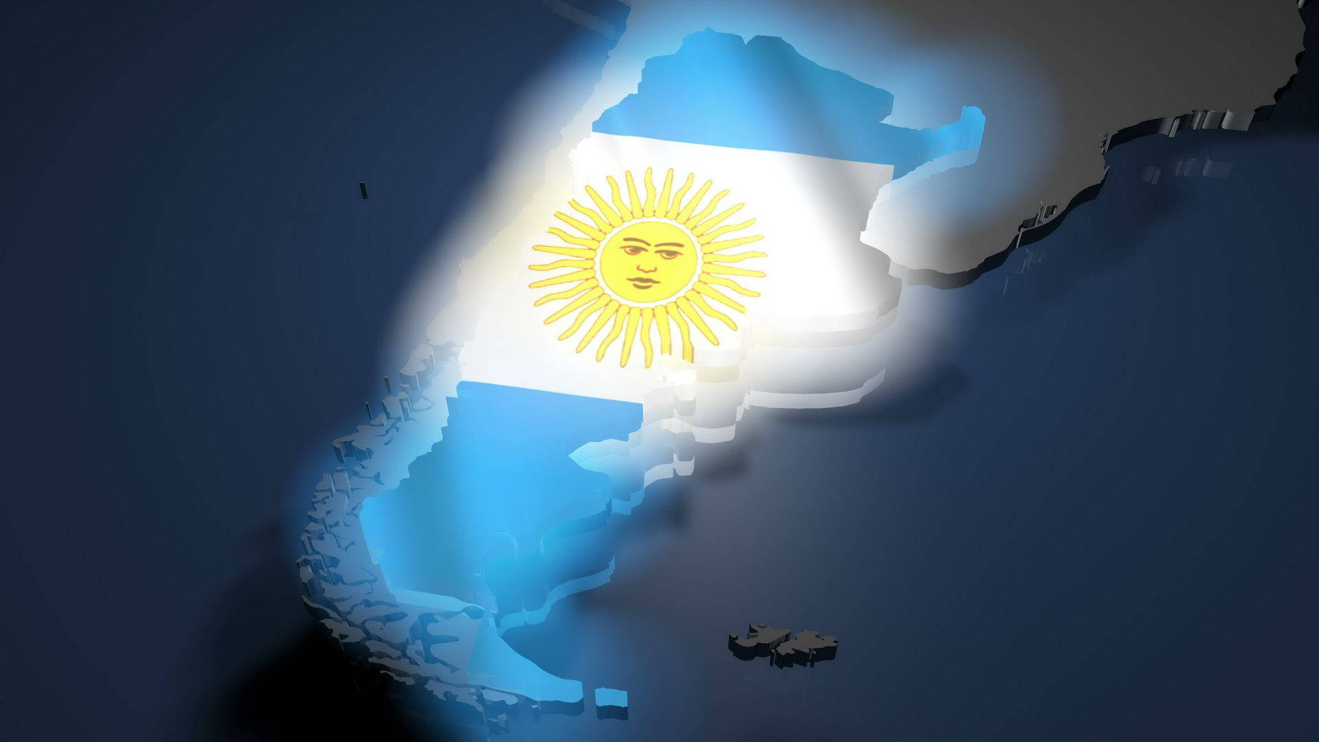 Argentina 桌布 壁紙 — 一個發光的阿根廷3D地圖，在深藍色背景上以光芒四射的太陽標誌突出其國旗。