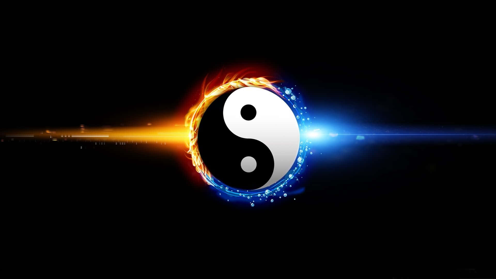 yin yang 桌布 壁紙 — 一個發光的陰陽符號，被火熱的橙色和電光藍色能量包圍，背景為黑色，帶有光線條紋。