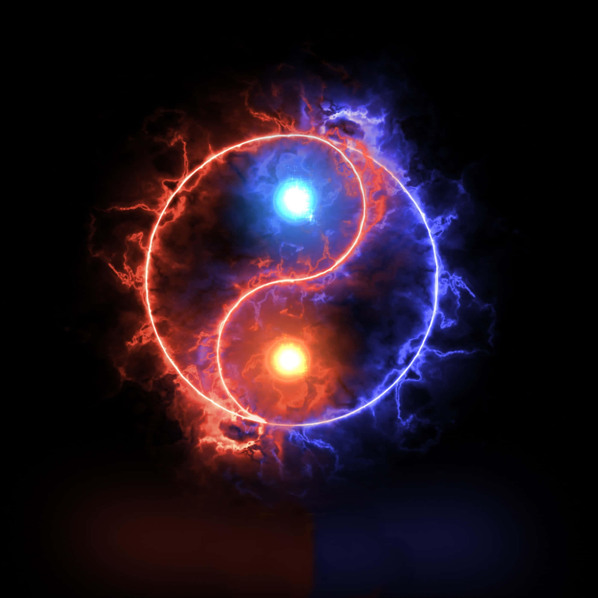 Yin Yang 4K 桌布 壁紙 — 一個發光的陰陽符號在黑暗的宇宙虛空中散發出火紅和電藍色的能量。