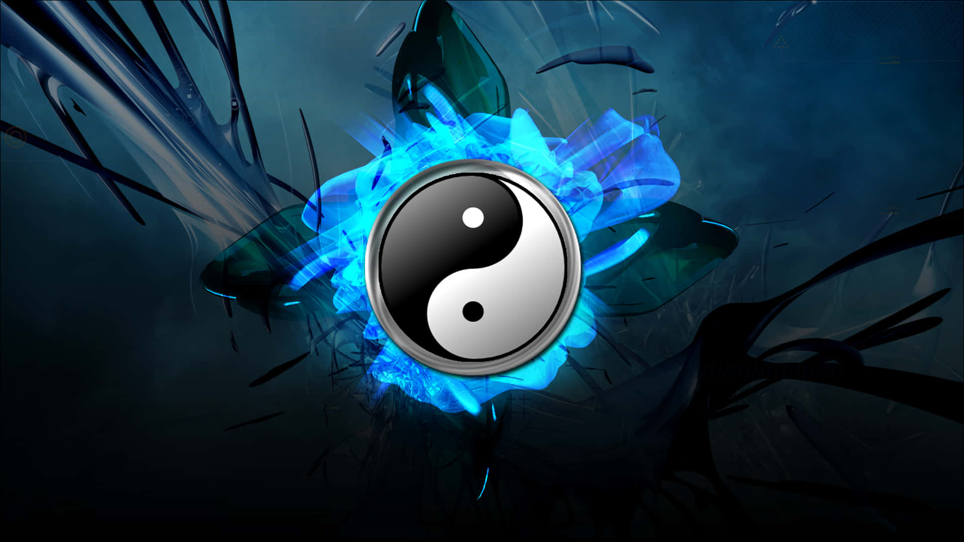 Yin Yang 4K 桌布 壁紙 — 一個發光的陰陽符號在黑暗的碎玻璃背景上散發出電光藍色的能量。