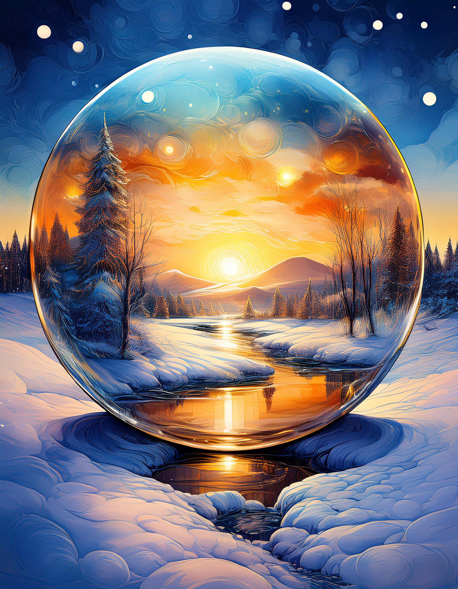 Sunset Magic in the Winter Sphere 壁紙 — 一個發光的雪球放置在雪景中，反射出山脈和樹木上充滿活力的日落。