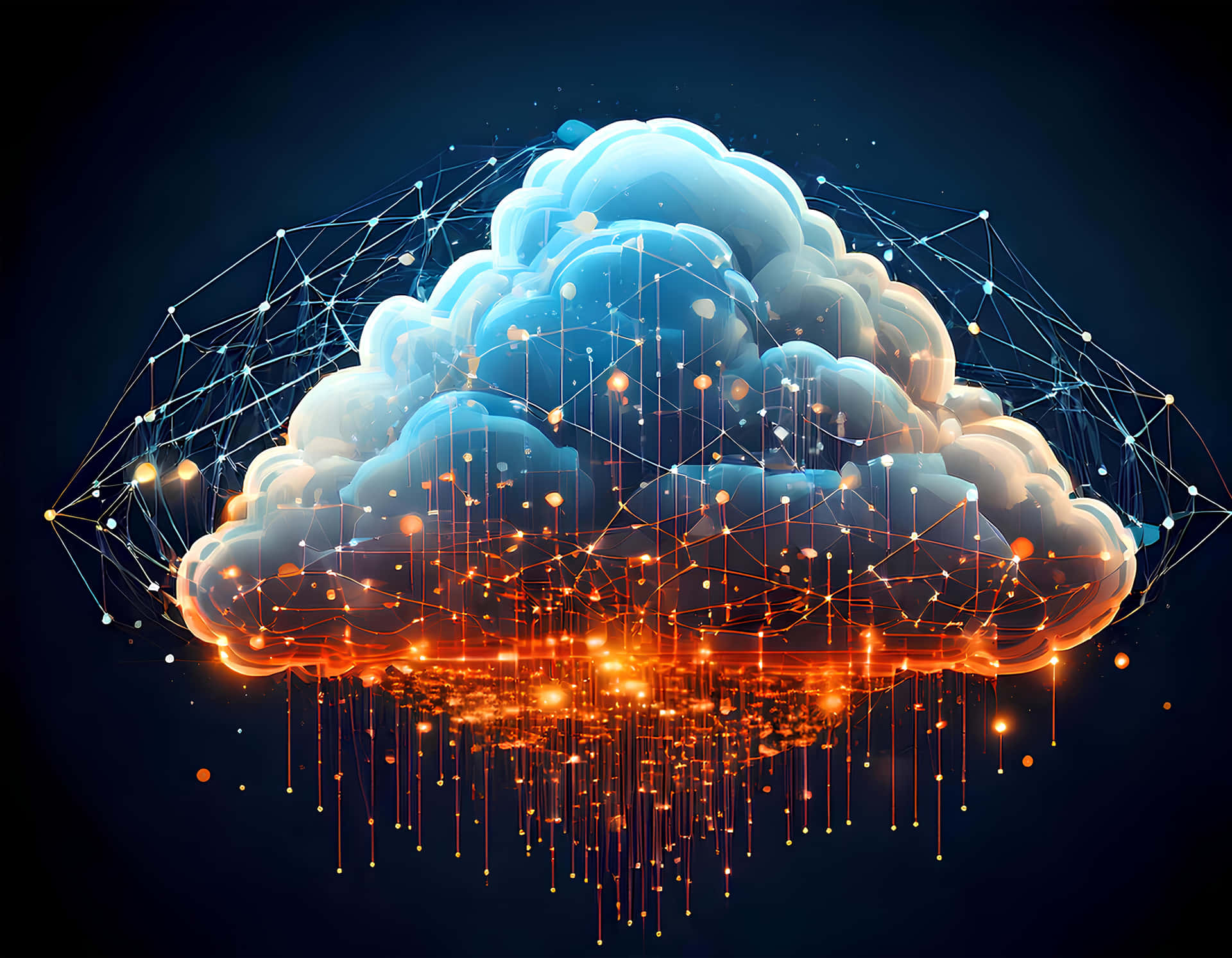 Cloud Based 壁紙 — 一個發光的雲，頂部藍色，底部橙色，在黑暗背景下發出數位粒子和網路線條。