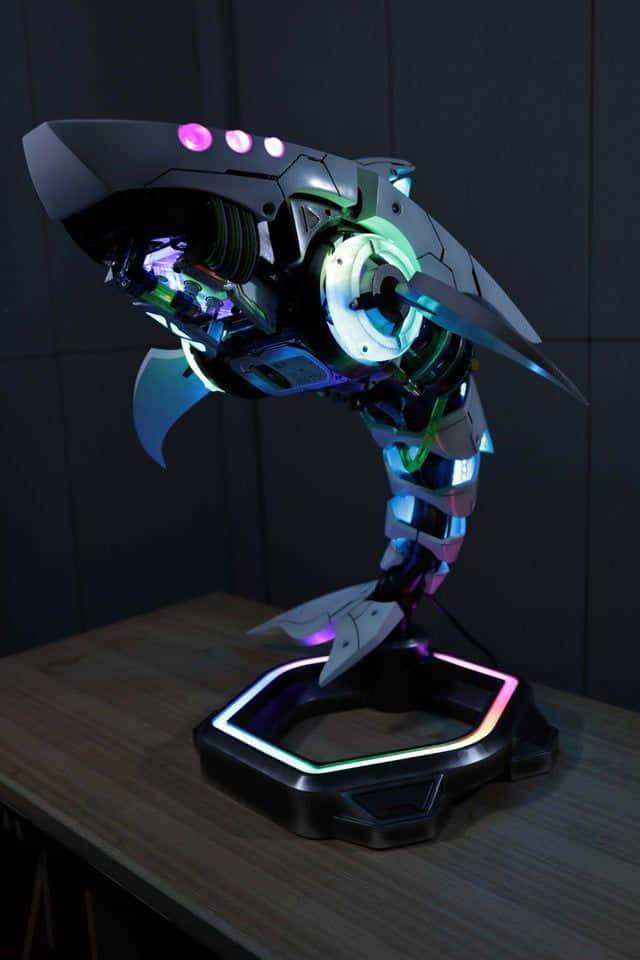Gaming Accessories 桌布 壁紙 — 一個發光的電子鯊魚雕塑，帶有霓虹燈，在深色牆壁前的木桌上脈動。