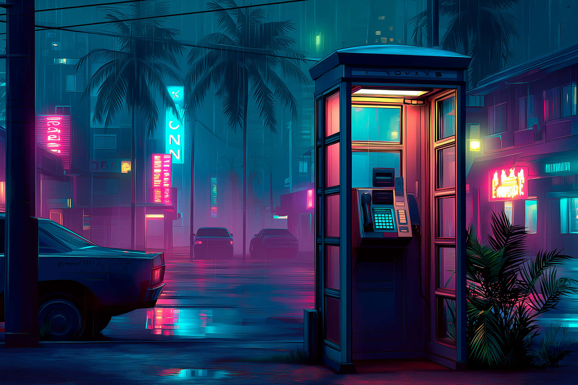 Neon-Lit Modern Glass Phone Booth in City 壁紙 — 一個發光的電話亭矗立在雨濕的霓虹燈街道上，有棕櫚樹和復古汽車，在陰沉的暮色天空下。