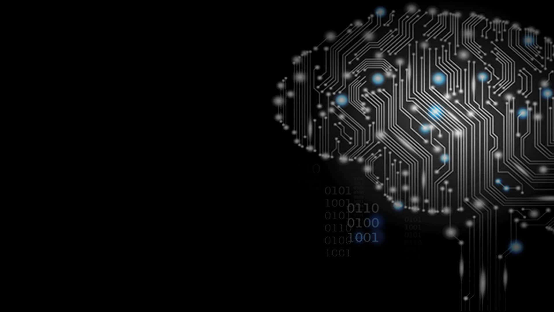 AI 桌布 壁紙 — 一個發光的電路板，形狀像人類大腦，帶有藍色數位燈光和二進位代碼，漂浮在黑色背景上。