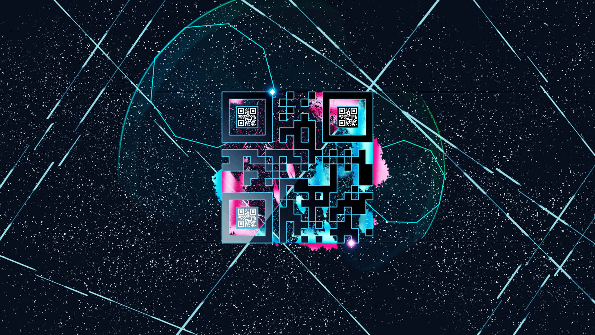 程式設計 桌布 壁紙 — 一個發光的霓虹QR碼漂浮在星空的宇宙虛空中，帶有交錯的光跡和幾何輪廓。