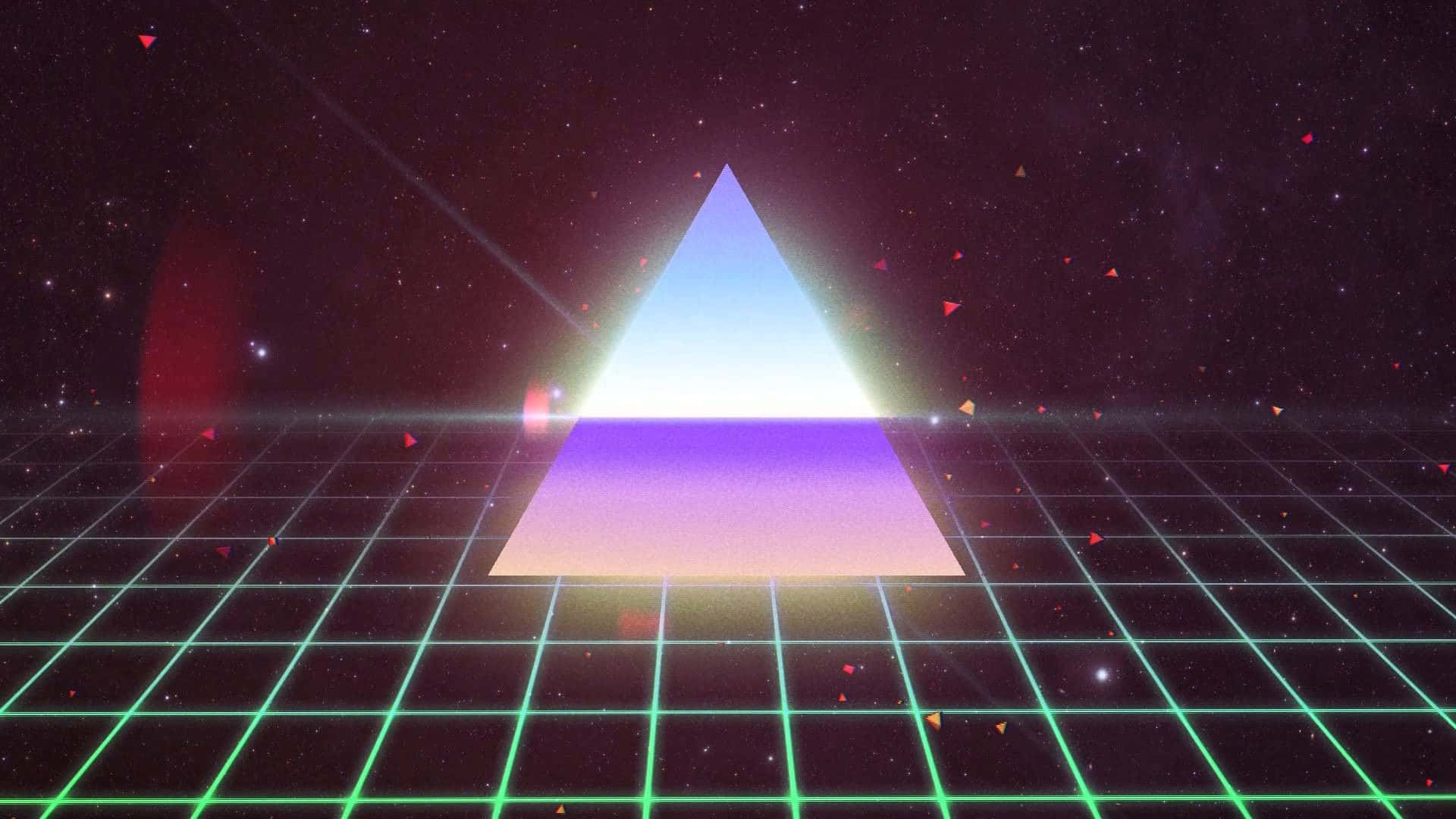 80s Vaporwave 桌布 壁紙 — 一個發光的霓虹三角形位於一個綠色網格上，背景是繁星點點的數位夜空，並有浮動粒子。