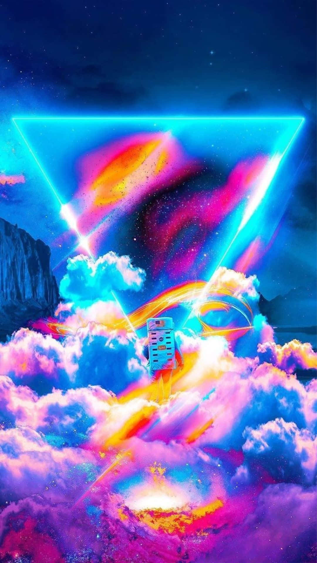 Trippy Sky 桌布 壁紙 — 一個發光的霓虹三角形框住山脈上空的宇宙漩渦，同時一枚發光的火箭穿過充滿活力的粉紅色和藍色雲層上升。