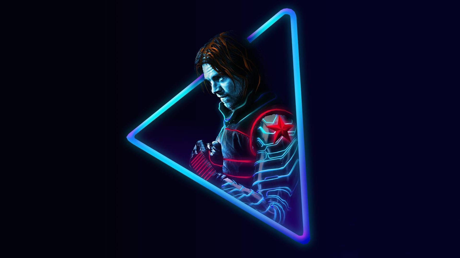 Winter Soldier 桌布 壁紙 — 一個發光的霓虹三角框在黑暗背景中，圍繞著一位手臂上有紅色星星標誌的賽博龐克士兵，發出藍色光芒。