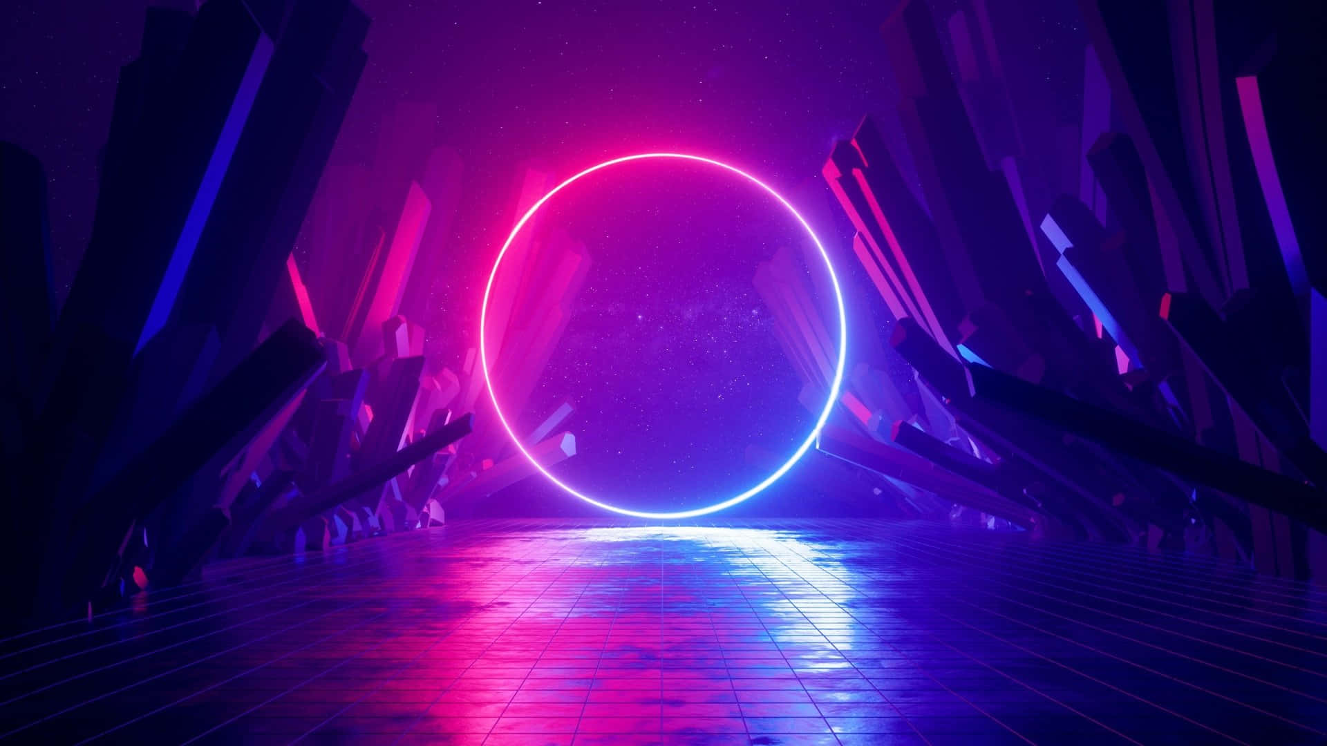 RGB 桌布 壁紙 — 一個發光的霓虹傳送門，帶有充滿活力的粉紅色和藍色色調，漂浮在星空下的未來水晶洞穴中。