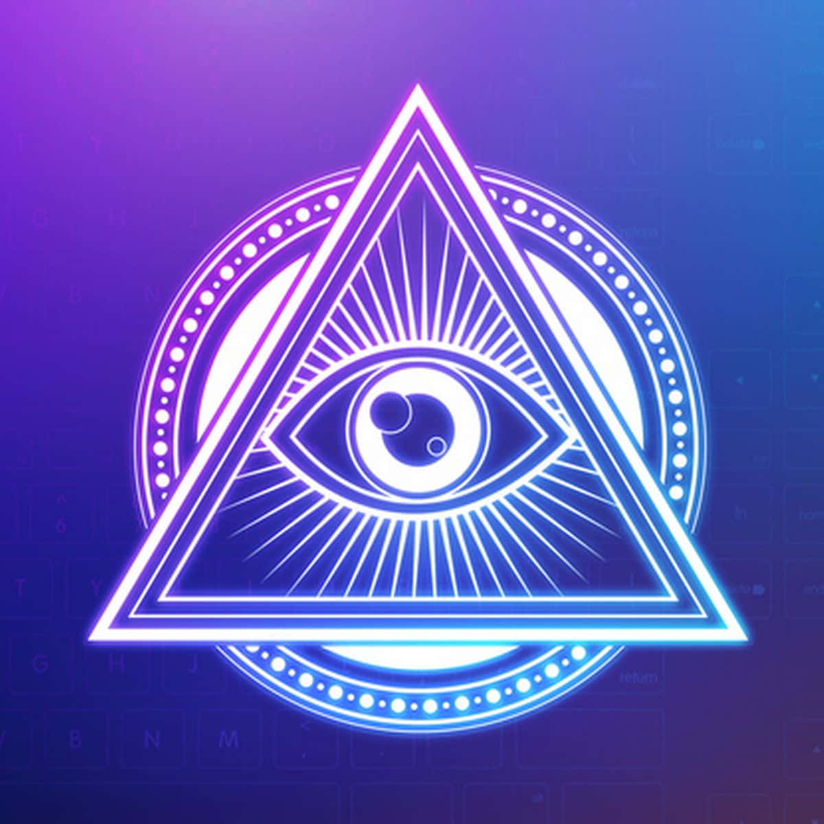 illuminati 桌布 壁紙 — 一個發光的霓虹全視之眼符號在三角形和圓形中，在帶有微弱鍵盤按鍵的紫藍色漸變背景上放射光芒。