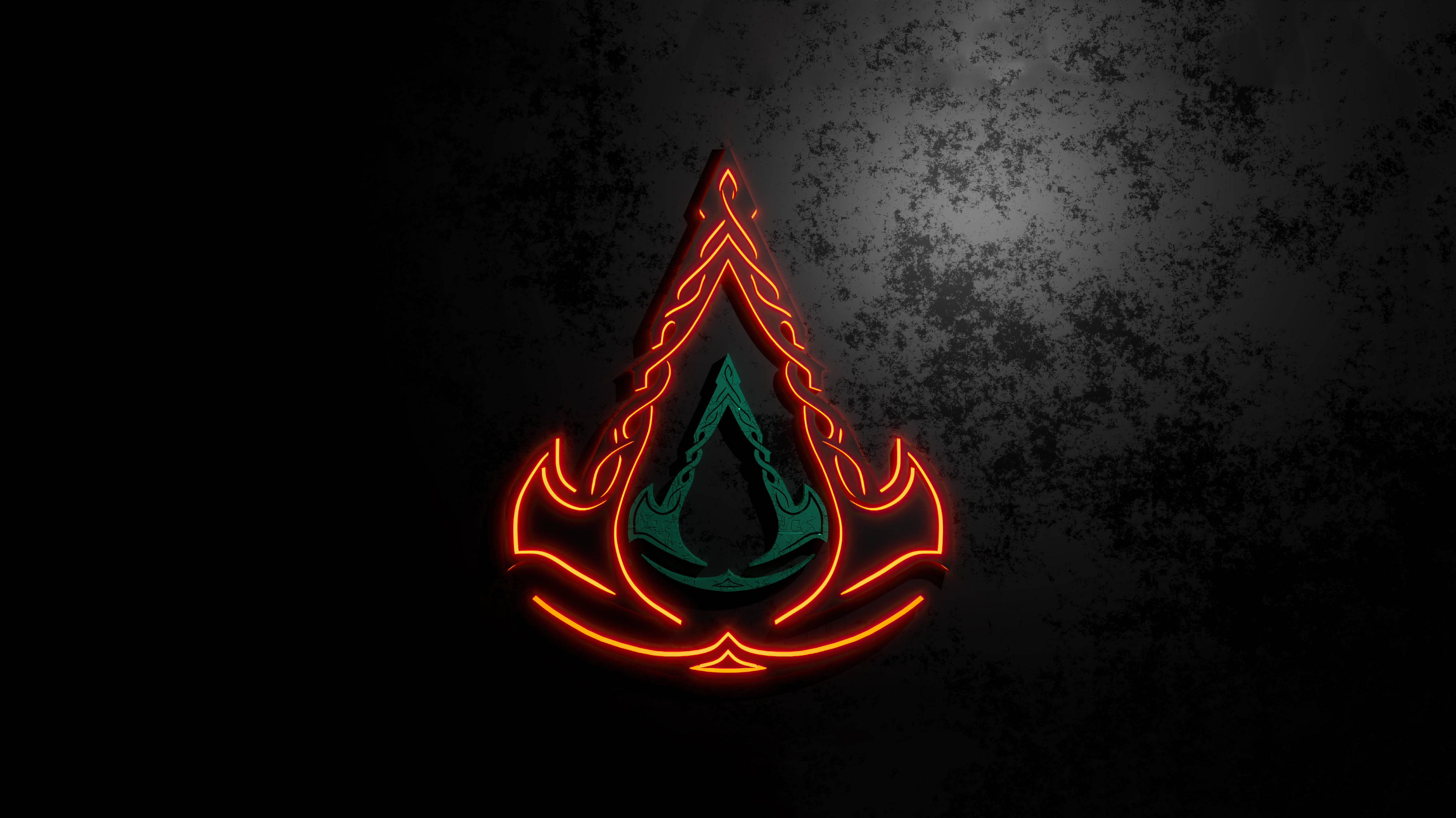 Gaming Logos 桌布 壁紙 — 一個發光的霓虹刺客徽章，帶有火熱的橙色輪廓和藍綠色中心，背景是紋理深灰色牆壁。