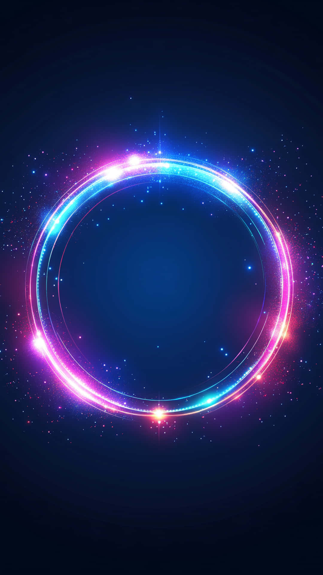 Outer space background wallpaper 壁紙 — 一個發光的霓虹圓圈，帶有藍色和粉紅色的光脈衝，背景是黑暗的星空宇宙背景。