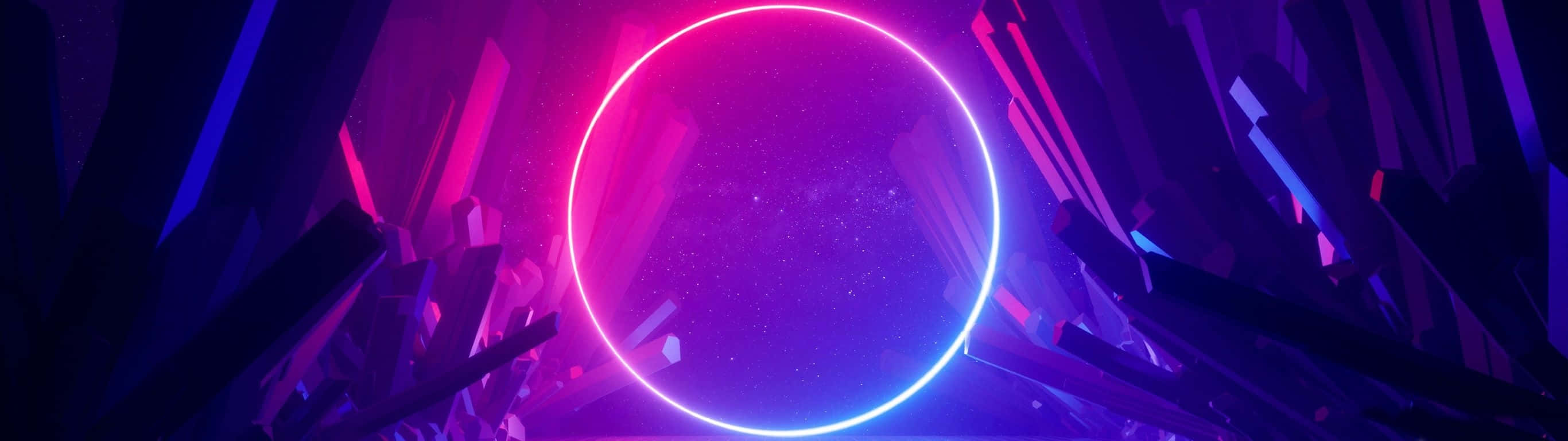 桌布 壁紙 — 一個發光的霓虹圓圈框住一個星空的虛空，周圍是浸沒在電光紫和藍光中的鋸齒狀晶體結構。