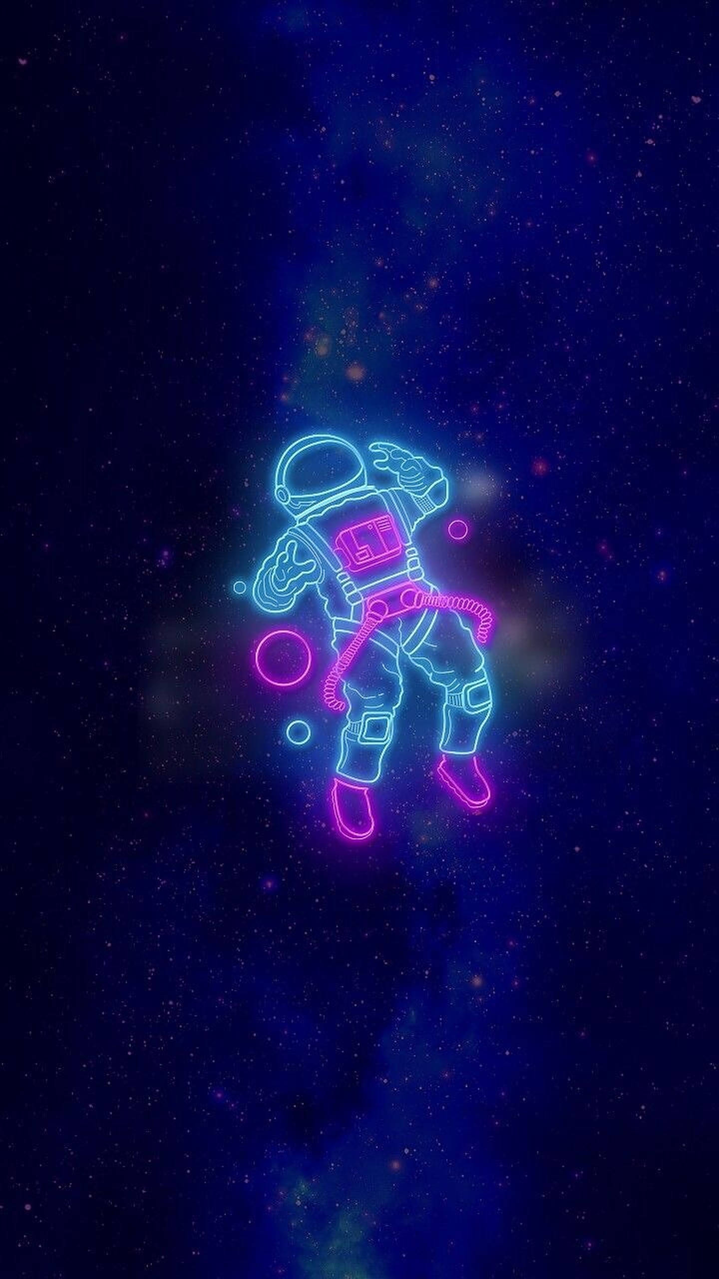 LED 桌布 壁紙 — 一個發光的霓虹太空人在深空中漂浮，周圍環繞著星星和宇宙雲。