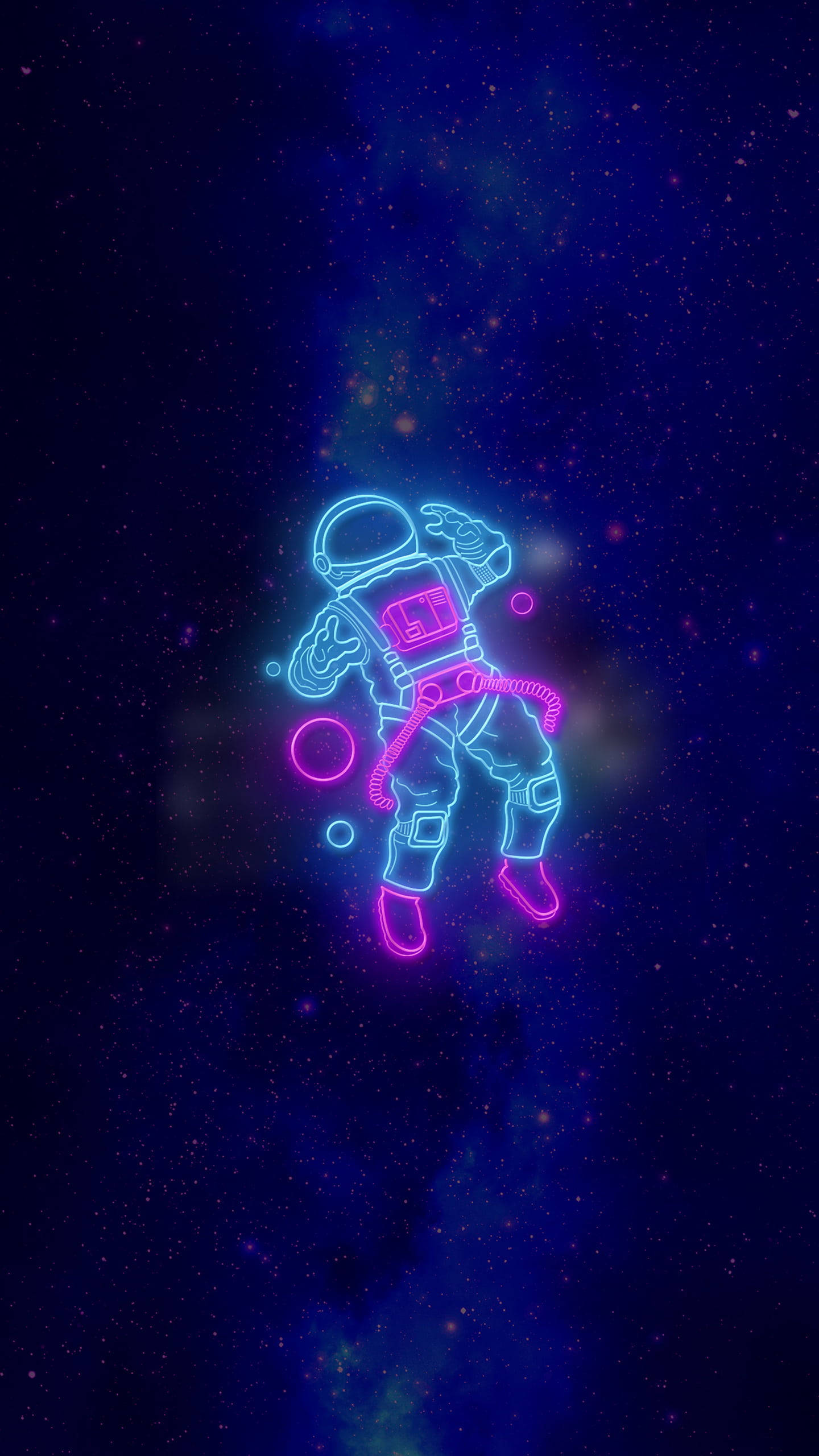 太空 桌布 壁紙 — 一個發光的霓虹太空人在繁星點點的宇宙虛空中漂浮，帶有鮮豔的藍色和粉紅色輪廓，背景是深靛藍色的星系。