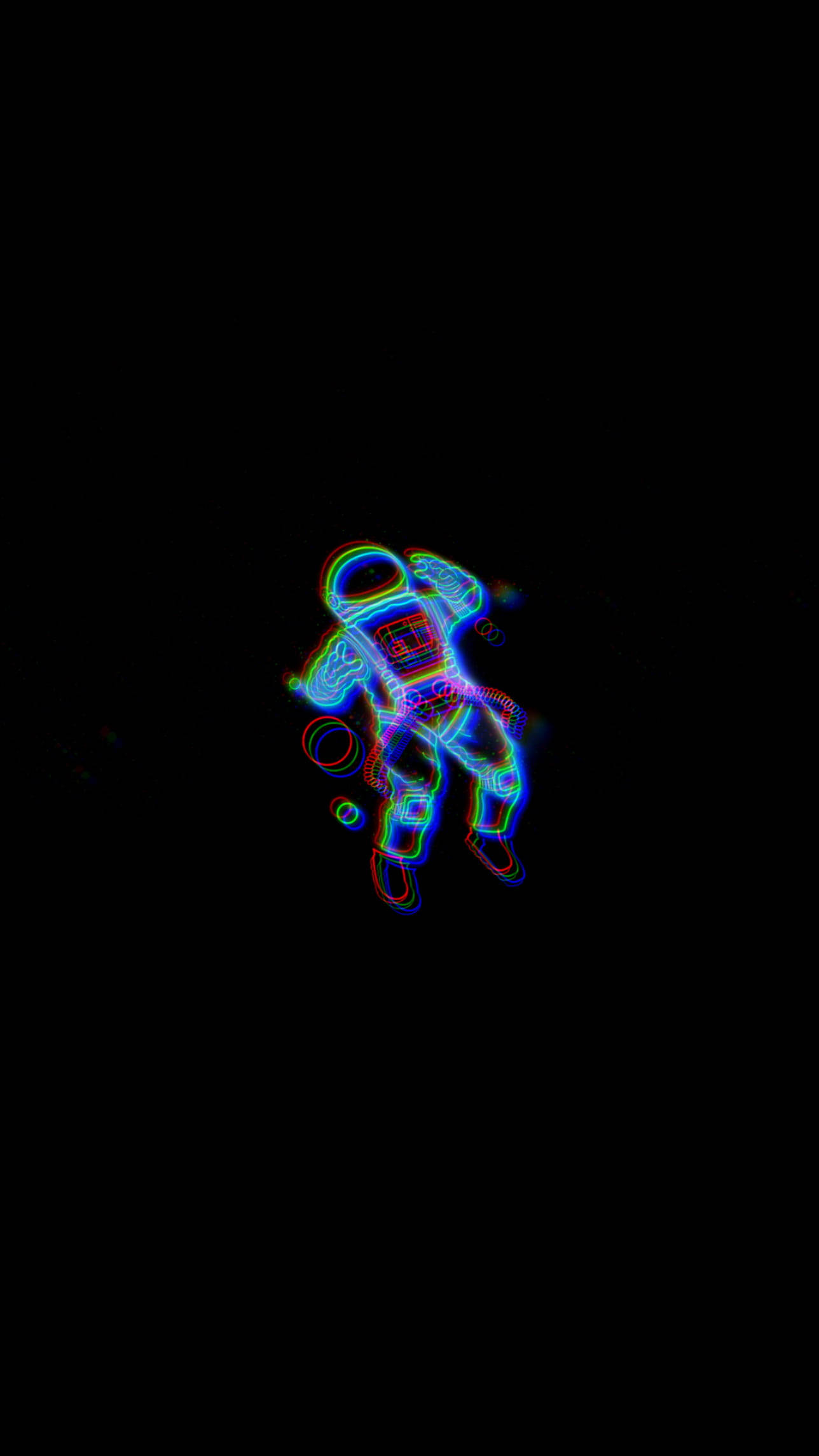 Black Neon Aesthetic 桌布 壁紙 — 一個發光的霓虹太空人在黑暗中漂浮，帶有鮮豔的藍色和粉紅色輪廓，背景是黑色虛空。