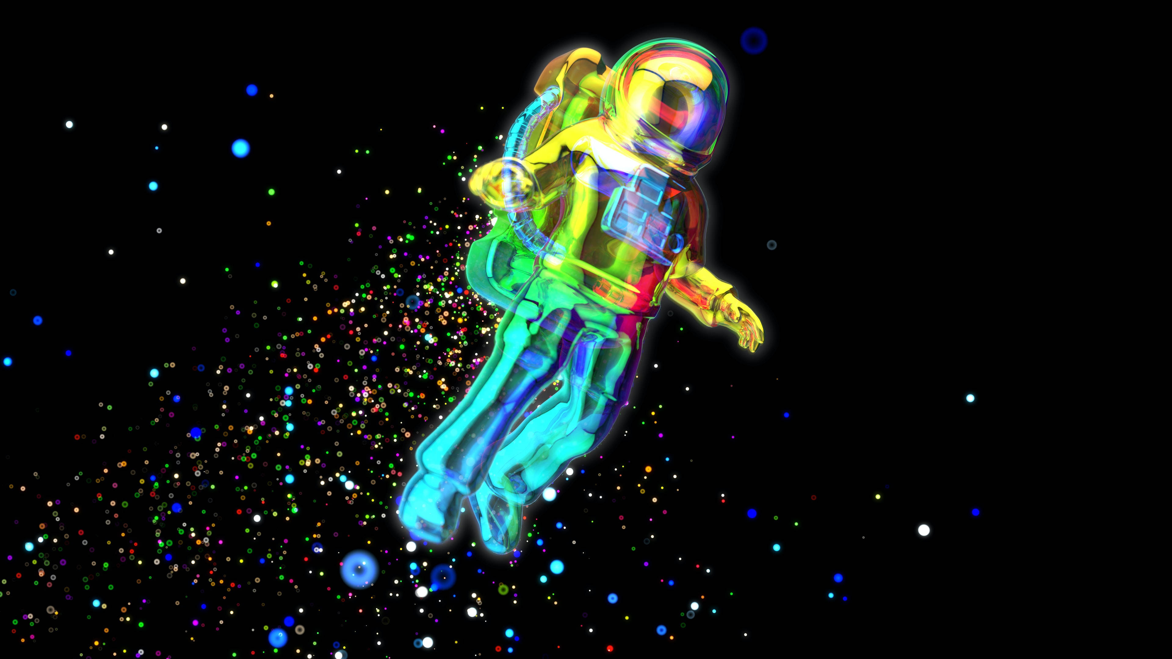 Animated Desktop 桌布 壁紙 — 一個發光的霓虹太空人在黑色虛空中漂浮，穿過由多色點組成的星場。