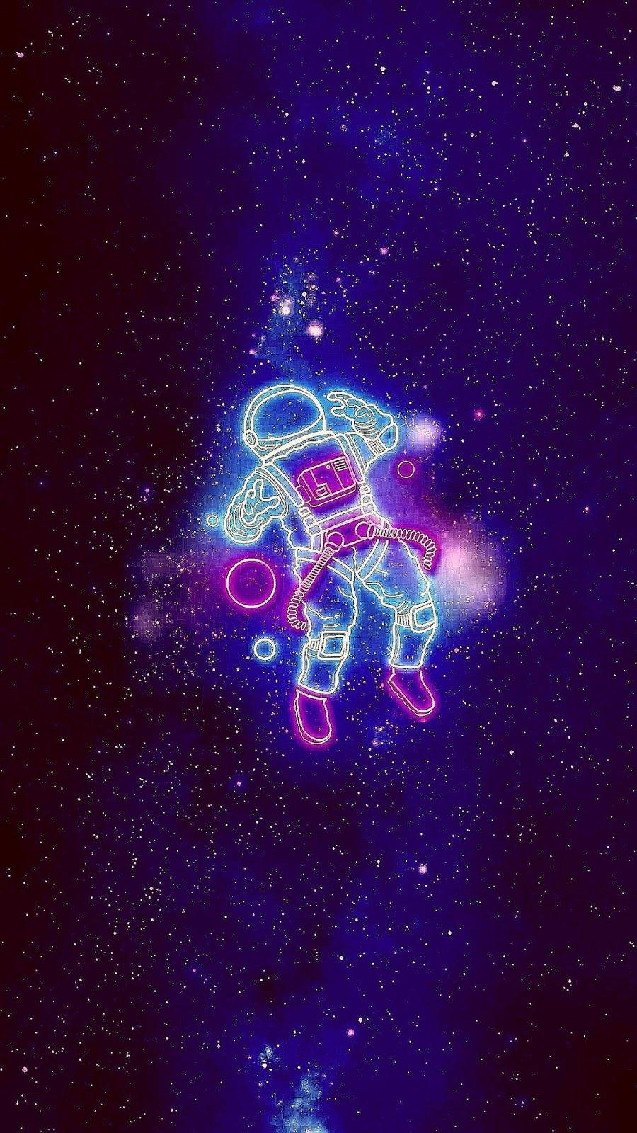 太空美學動圖 桌布 壁紙 — 一個發光的霓虹太空人漂浮在充滿星空的宇宙虛空中，帶有鮮豔的紫色和藍色色調。
