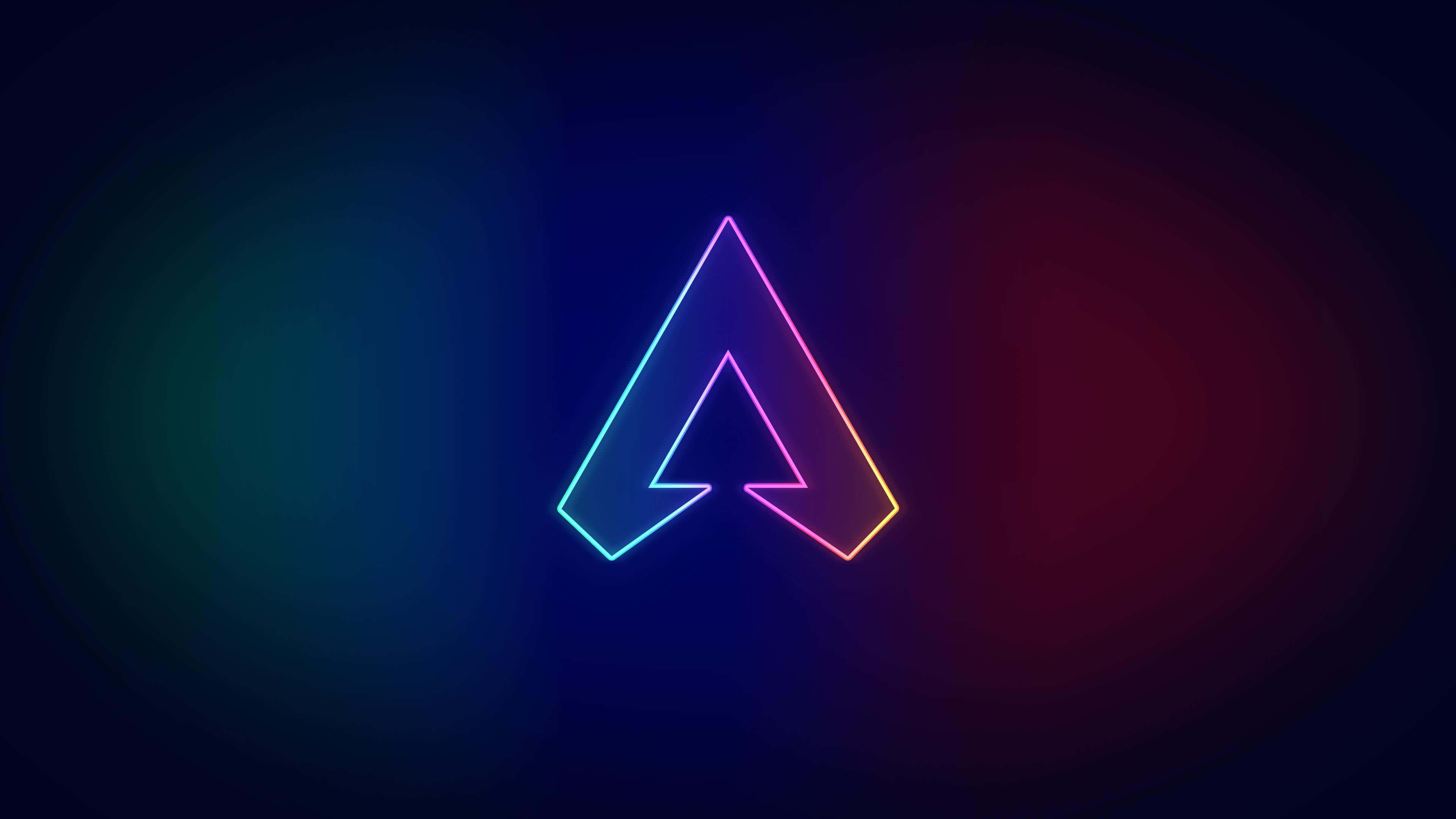 Apex 英雄 桌布 壁紙 — 一個發光的霓虹字母A，帶有彩虹漸變邊緣，居中於深藍色和紅色的漸變背景上。