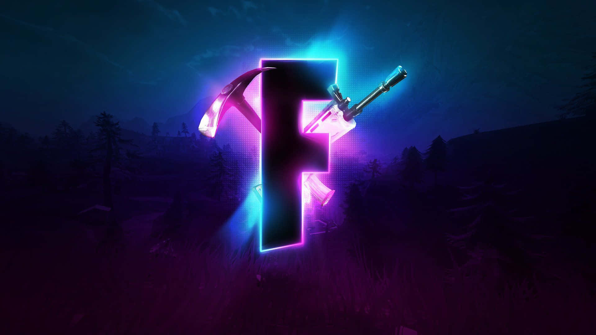Fortnite Cool 桌布 壁紙 — 一個發光的霓虹字母F，內嵌鎬和步槍，背景是夜晚的黑暗森林。