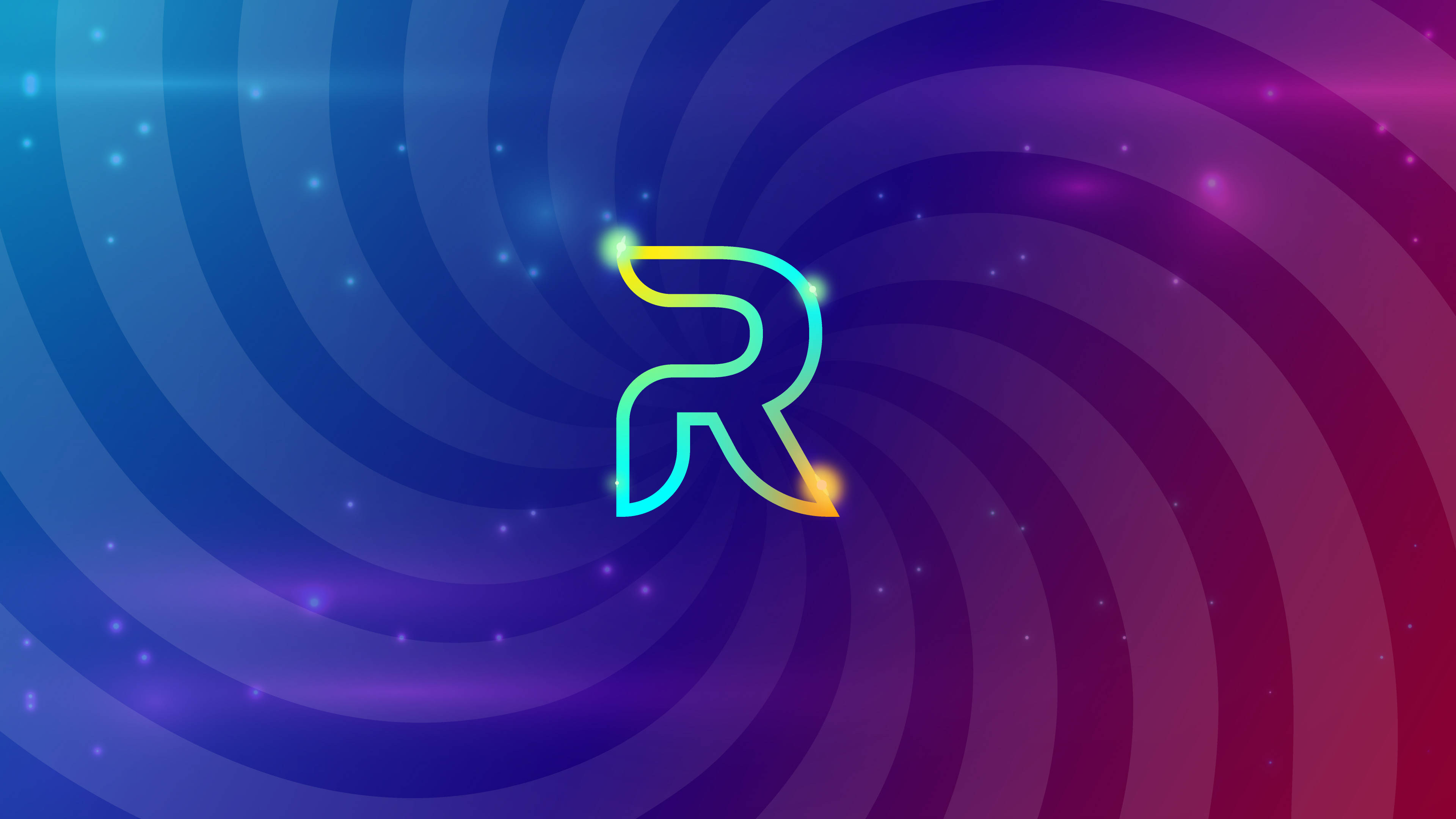 R 桌布 壁紙 — 一個發光的霓虹字母R在充滿活力的漸變背景上旋轉，帶有同心圓和閃爍的粒子。