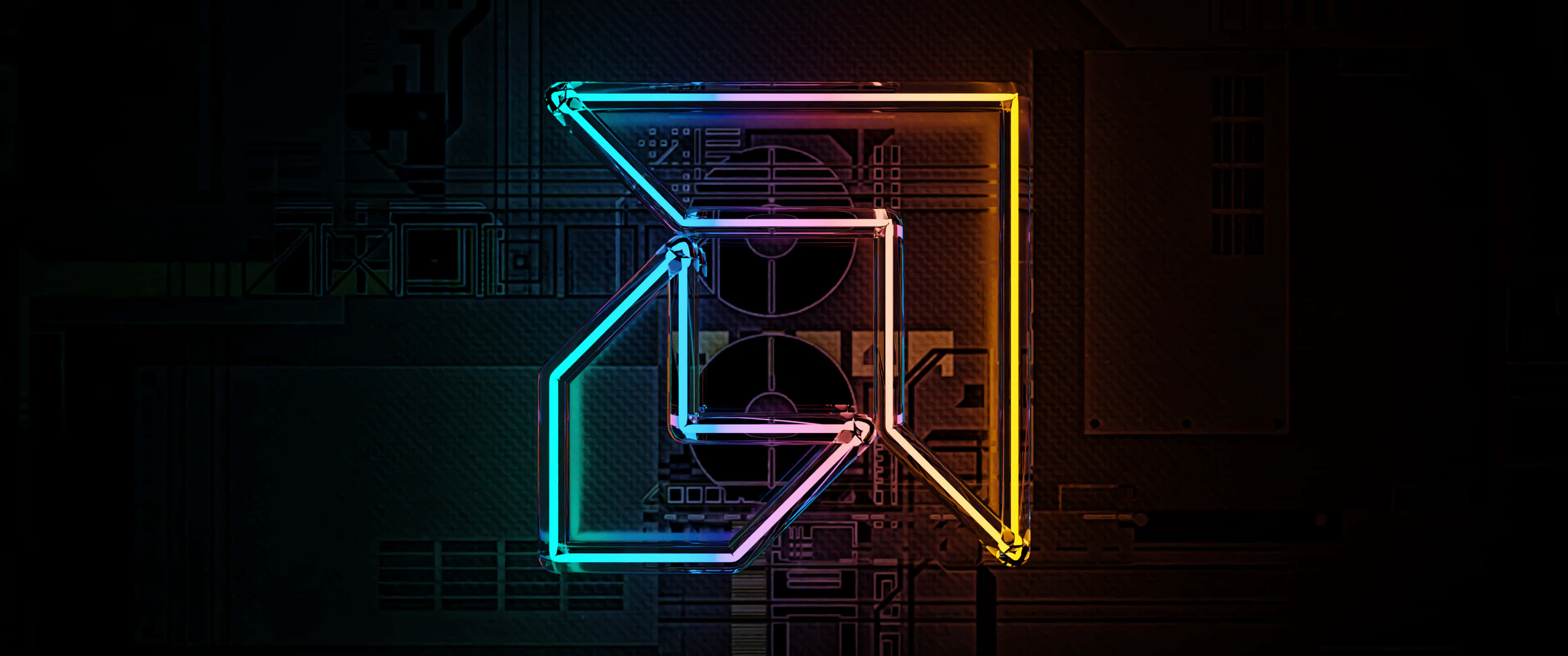 3440x1440 Neon 桌布 壁紙 — 一個發光的霓虹幾何標誌，呈現彩虹色調，在帶有電路圖案的深色科技主題背景上脫穎而出。