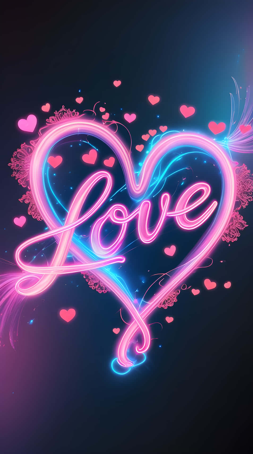 A cute love wallpaper 壁紙 — 一個發光的霓虹心形，帶有草書的「love」字樣，周圍漂浮著粉紅色心形，背景為深色漸變。