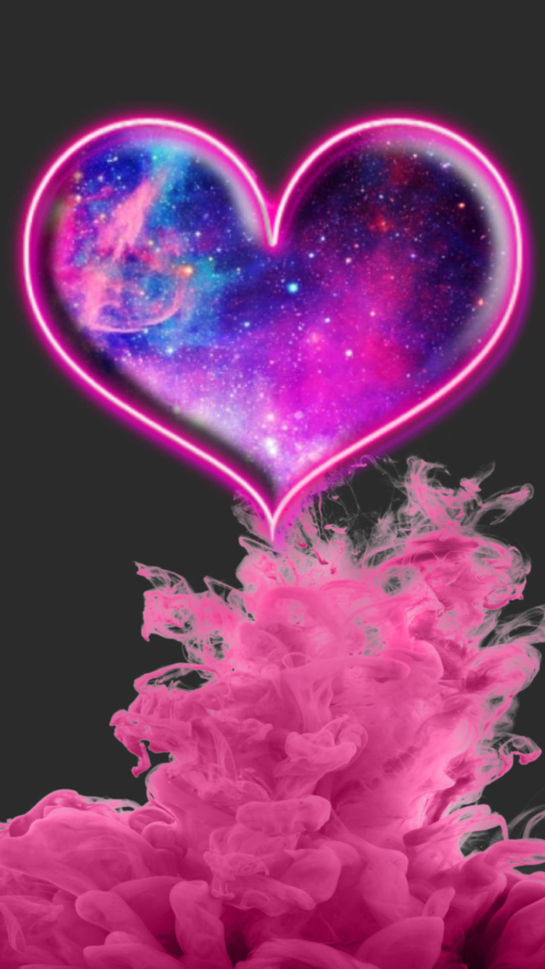 內部帶有宇宙星系的霓虹心臟，從粉紅色墨水漩渦中升起。 — 少女風 GIF 壁紙