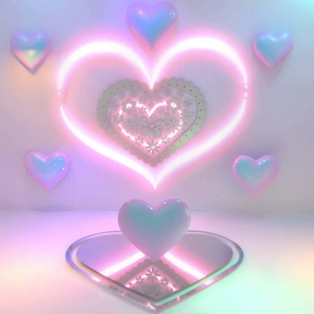 Cute Aesthetic Profile 桌布 壁紙 — 一個發光的霓虹心臟，周圍漂浮著全息心臟，在柔和的粉彩數位場景中。